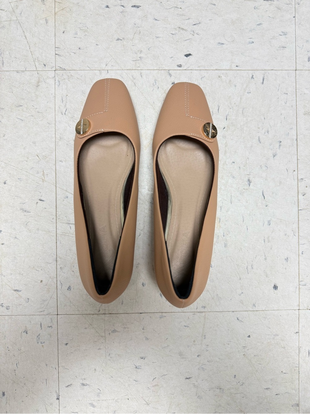 Women's Tan Leather Square-Toe Ballet Flats with Gold Accent